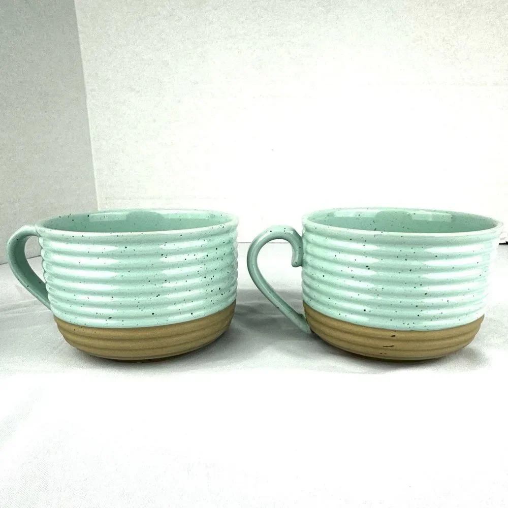 Set of 3 Ceramic Bowl and Large Soup Mugs Blue and Tan